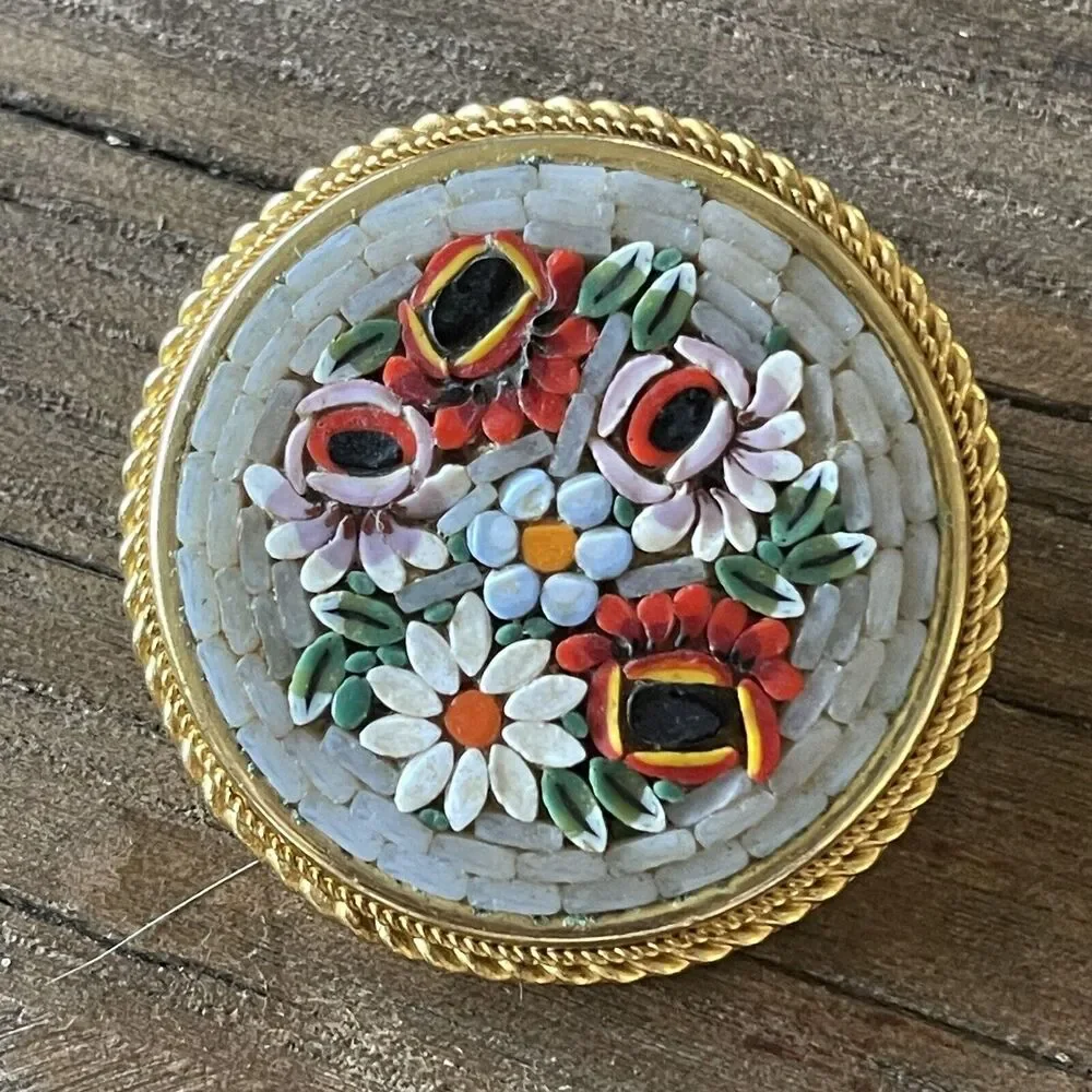 Beautiful Italian Micro Mosaic Brooch Pin Red White Flowers Gold Tone Bezel Set
